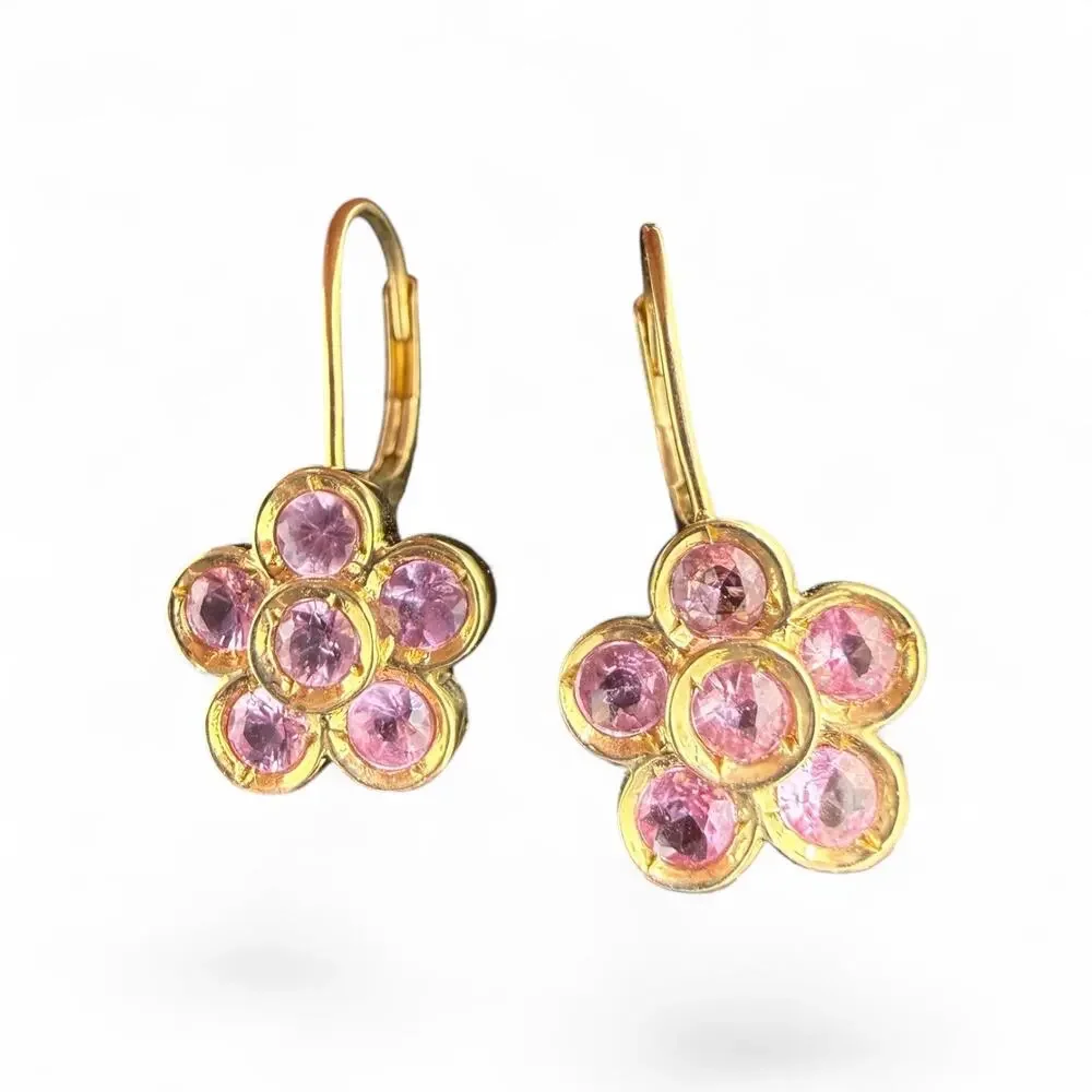 14k Yellow Gold Natural Pink Sapphire Flower Earrings Leverback Daisies Daisy